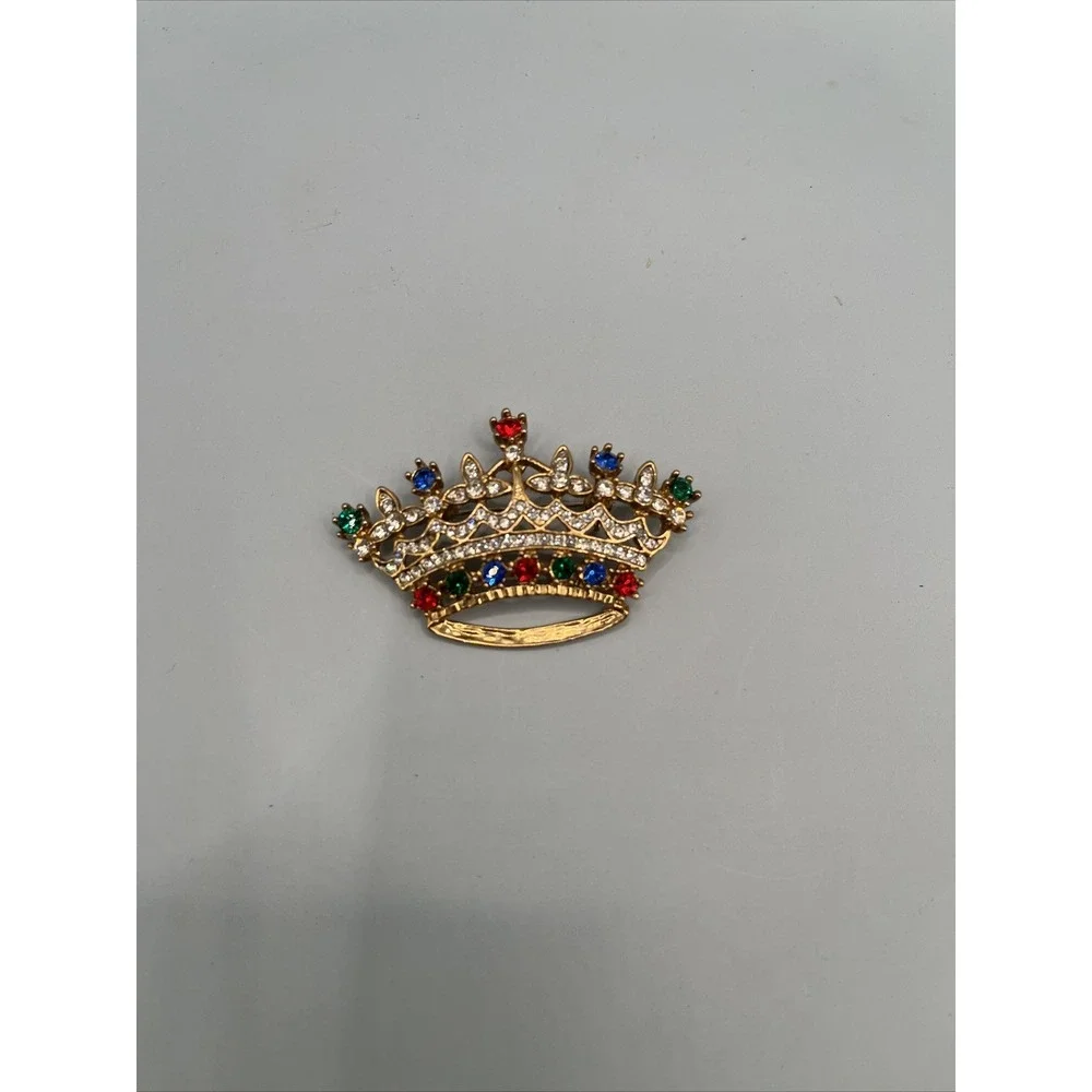 Rhinestone CROWN Pin Brooch Bejeweled Princess Red Green Blue and Clear Stones